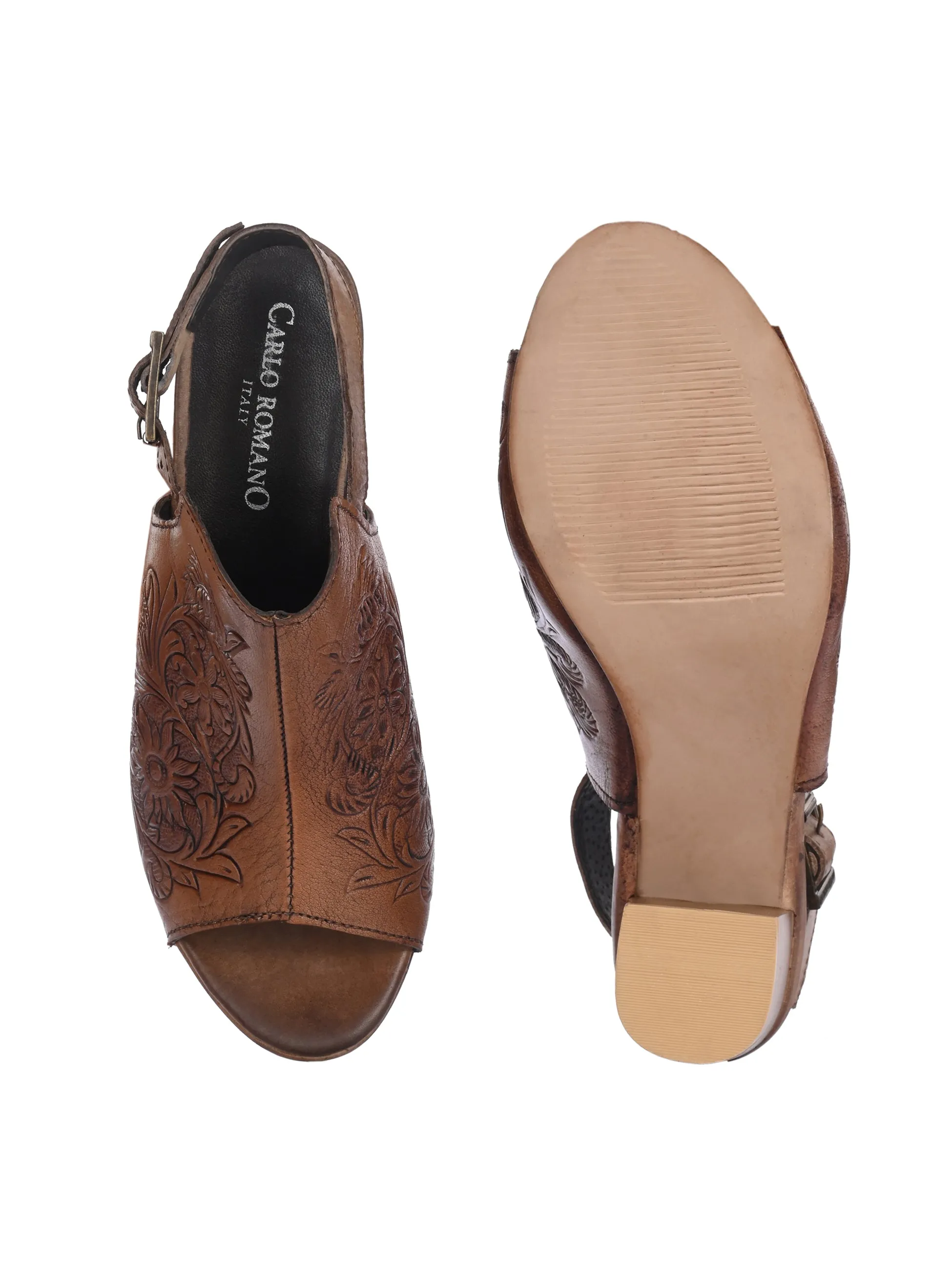 CARLO ROMANO BY WASAN TAN COLOR  GENUINE TERRACOTTA LEATHER FLORAL PRINT SANDAL FOR WOMEN
