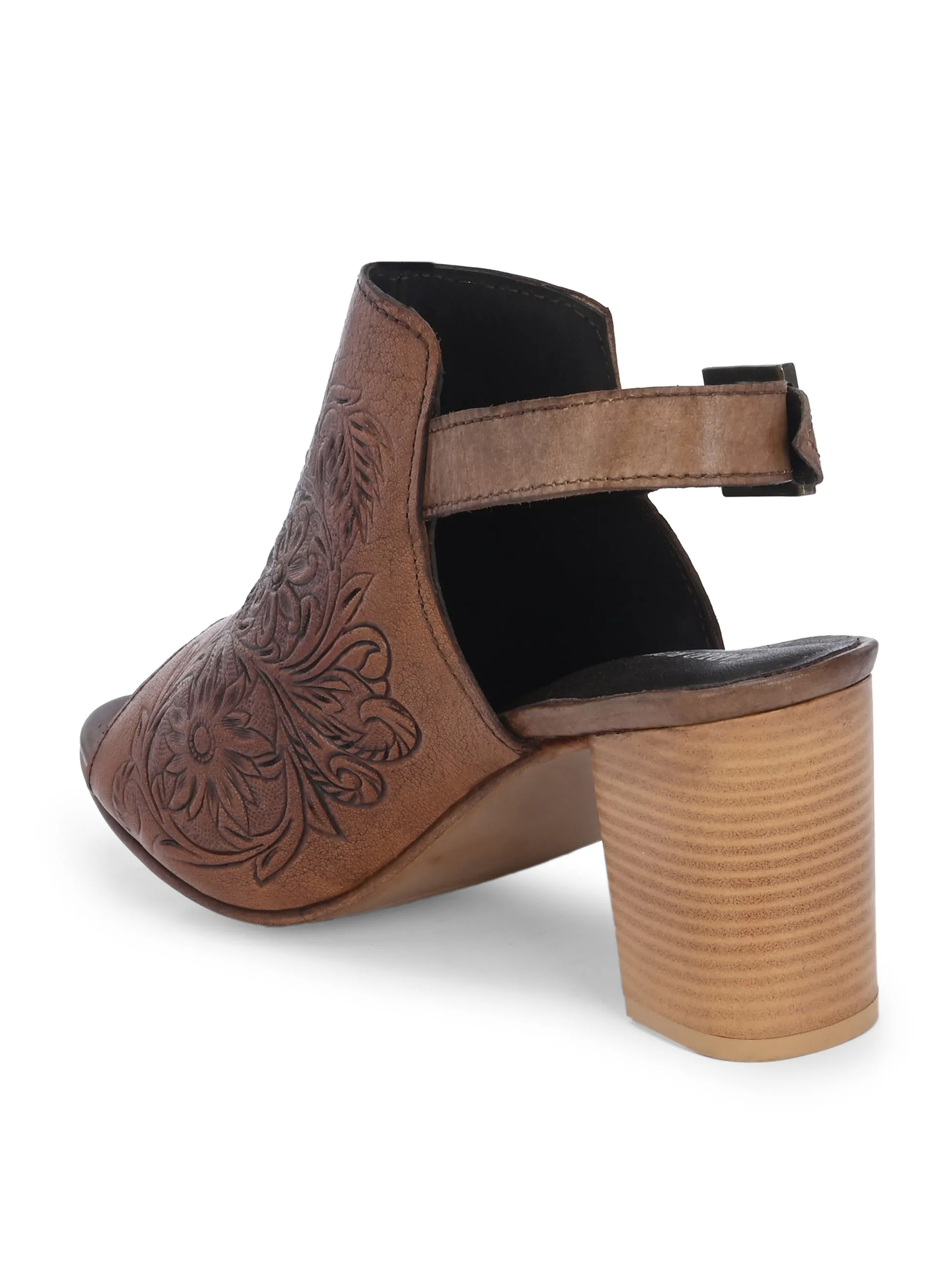 CARLO ROMANO BY WASAN TAN COLOR  GENUINE TERRACOTTA LEATHER FLORAL PRINT SANDAL FOR WOMEN