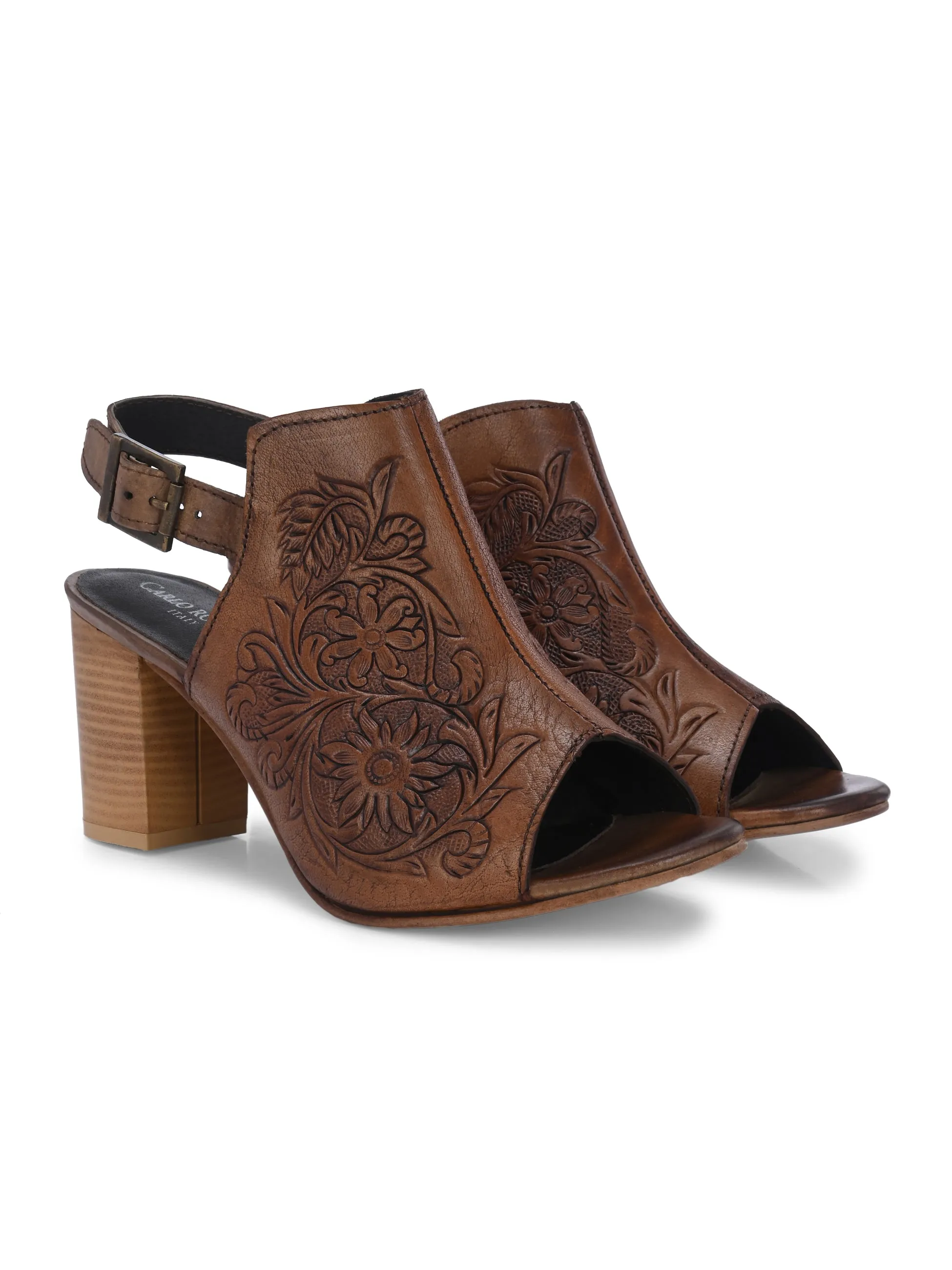 CARLO ROMANO BY WASAN TAN COLOR  GENUINE TERRACOTTA LEATHER FLORAL PRINT SANDAL FOR WOMEN