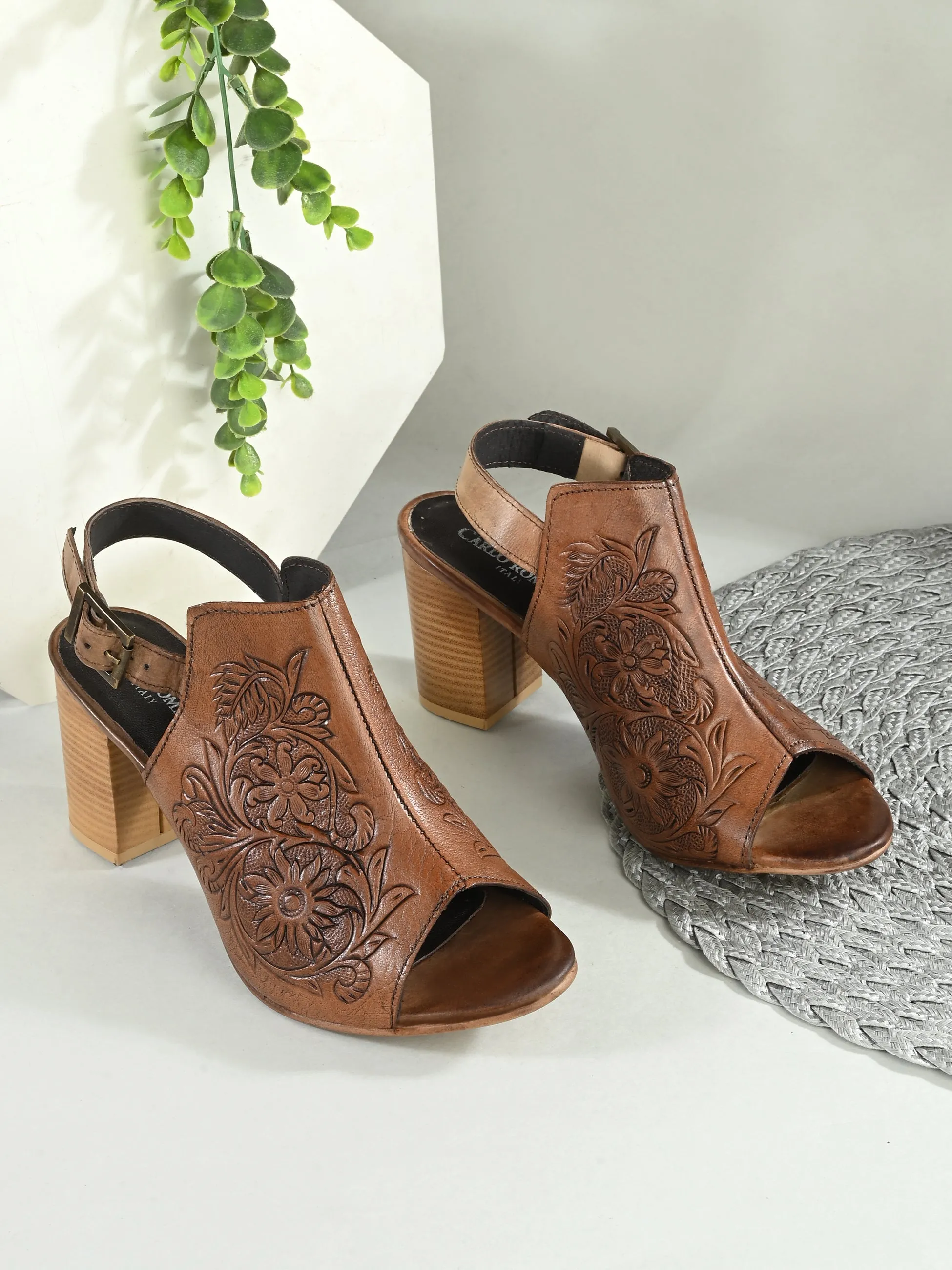 CARLO ROMANO BY WASAN TAN COLOR  GENUINE TERRACOTTA LEATHER FLORAL PRINT SANDAL FOR WOMEN