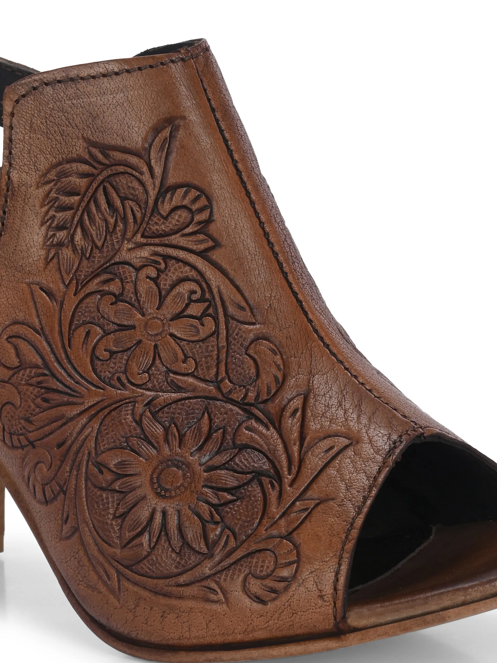 CARLO ROMANO BY WASAN TAN COLOR  GENUINE TERRACOTTA LEATHER FLORAL PRINT SANDAL FOR WOMEN