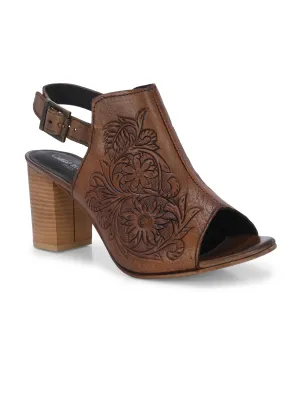 CARLO ROMANO BY WASAN TAN COLOR  GENUINE TERRACOTTA LEATHER FLORAL PRINT SANDAL FOR WOMEN