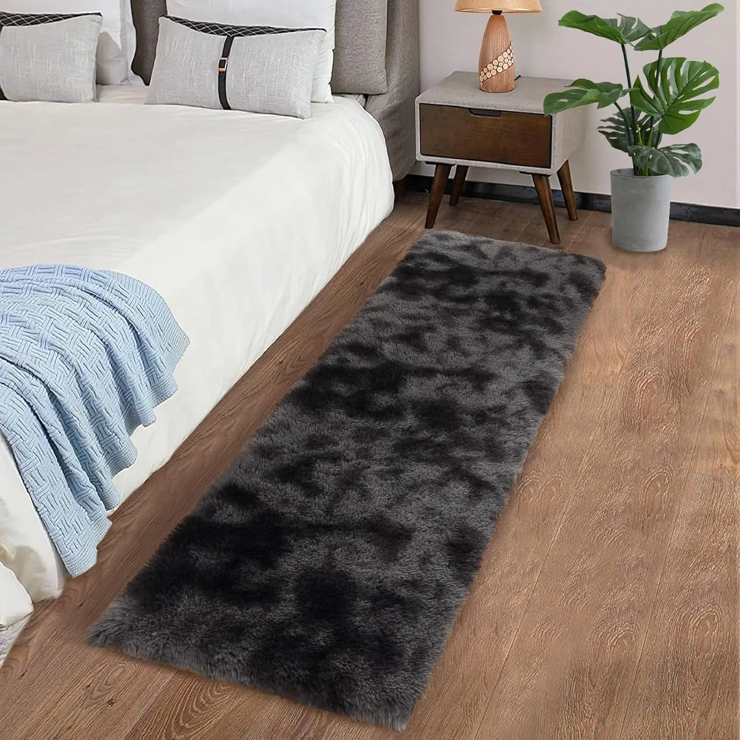 CAROMIO Runner Rug 2x8 Feet Plush Fluffy Rug for Bedroom Living Room, Shag Furry Hallway Runner Rug Carpet Non Shedding for Nursery Children Kids Girls Room Home Decorative, Black Grey