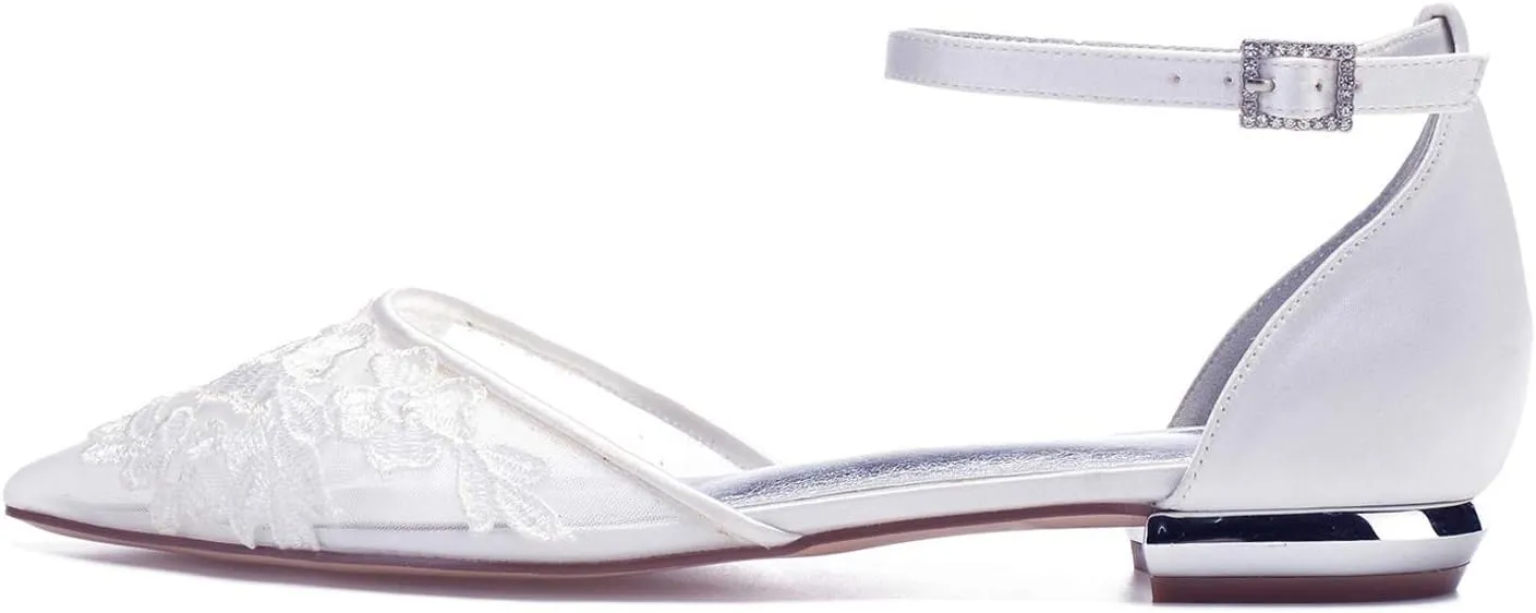 Charmstep Womens Pointed Toe Bridal Ballet Flats Ankle Strap Satin Mesh Lace Flowers Flat Wedding Dress Shoes 5047A-2