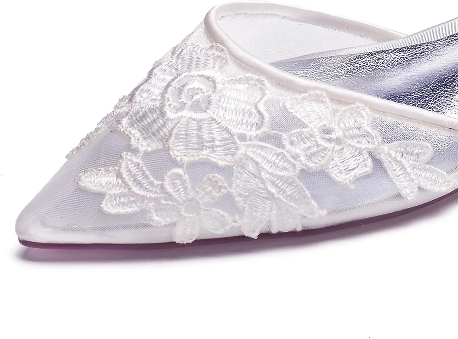 Charmstep Womens Pointed Toe Bridal Ballet Flats Ankle Strap Satin Mesh Lace Flowers Flat Wedding Dress Shoes 5047A-2