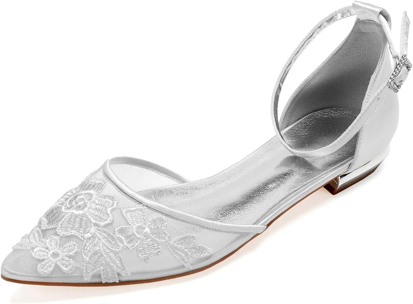 Charmstep Womens Pointed Toe Bridal Ballet Flats Ankle Strap Satin Mesh Lace Flowers Flat Wedding Dress Shoes 5047A-2