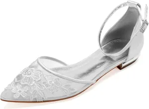 Charmstep Womens Pointed Toe Bridal Ballet Flats Ankle Strap Satin Mesh Lace Flowers Flat Wedding Dress Shoes 5047A-2