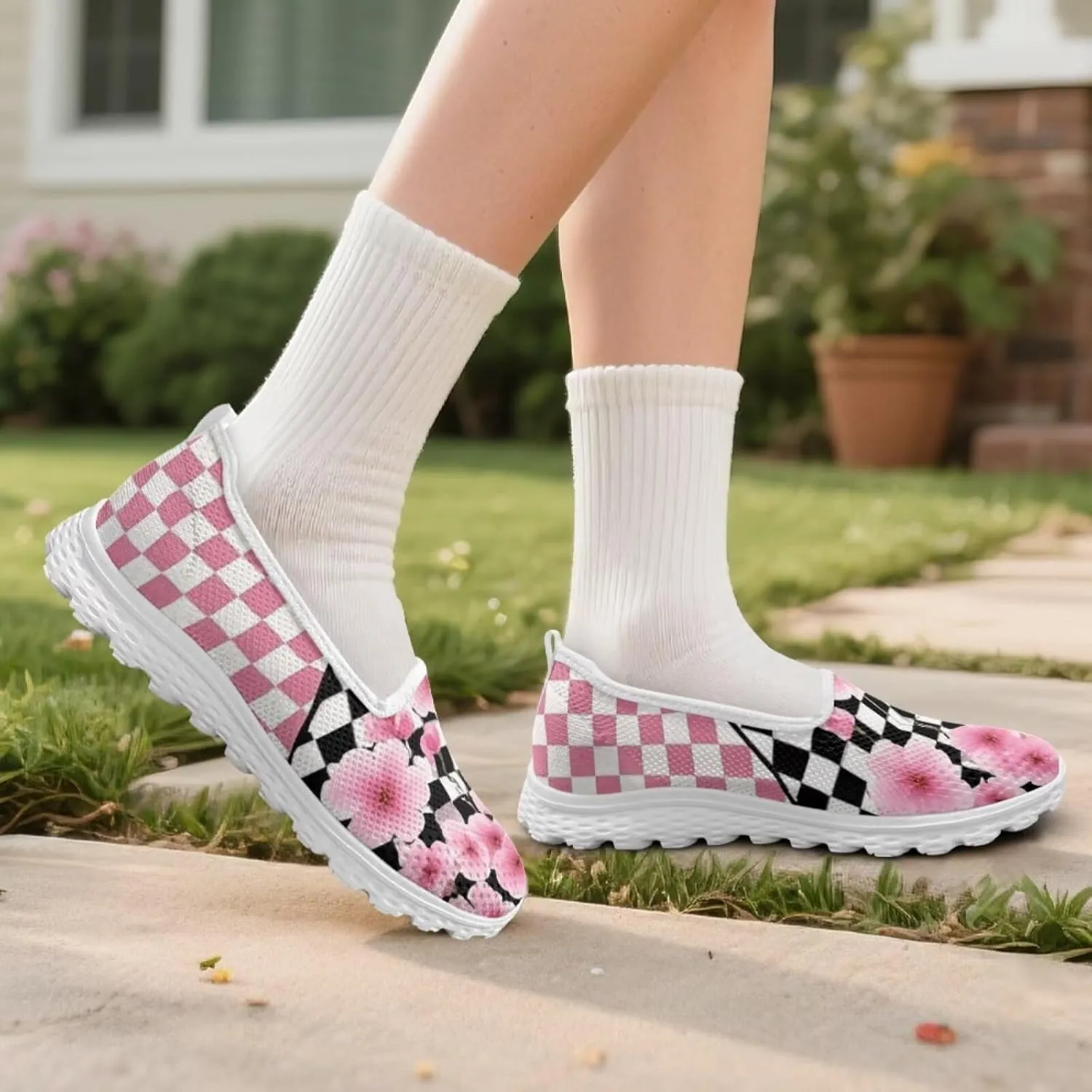 Checkerboard Women's Slip on Shoes Mesh Flat Casual Loafers Anti-Skid Running Sneakers Travel Classic Shoes