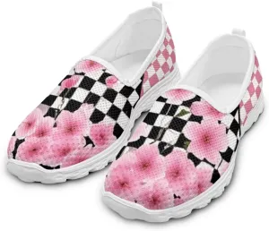 Checkerboard Women's Slip on Shoes Mesh Flat Casual Loafers Anti-Skid Running Sneakers Travel Classic Shoes