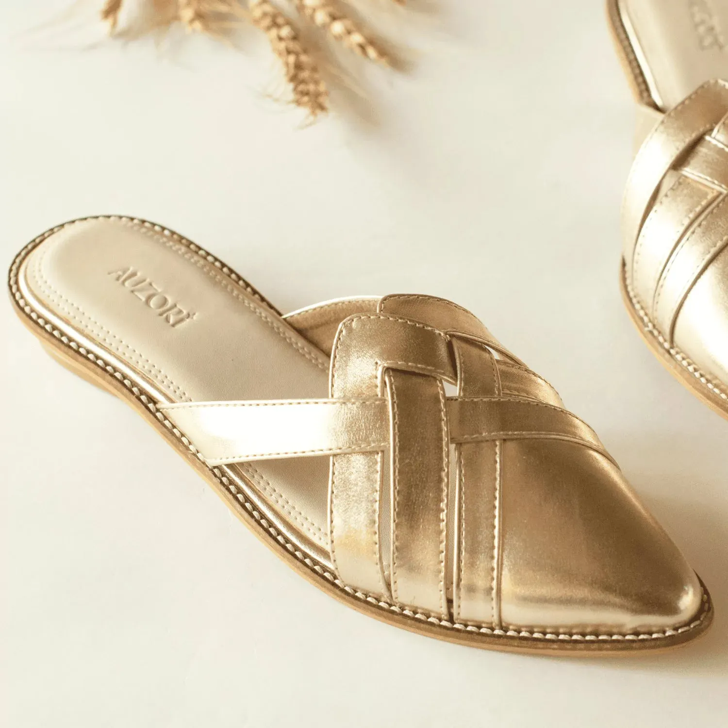 CHIC Gold Pointed Flat Mules