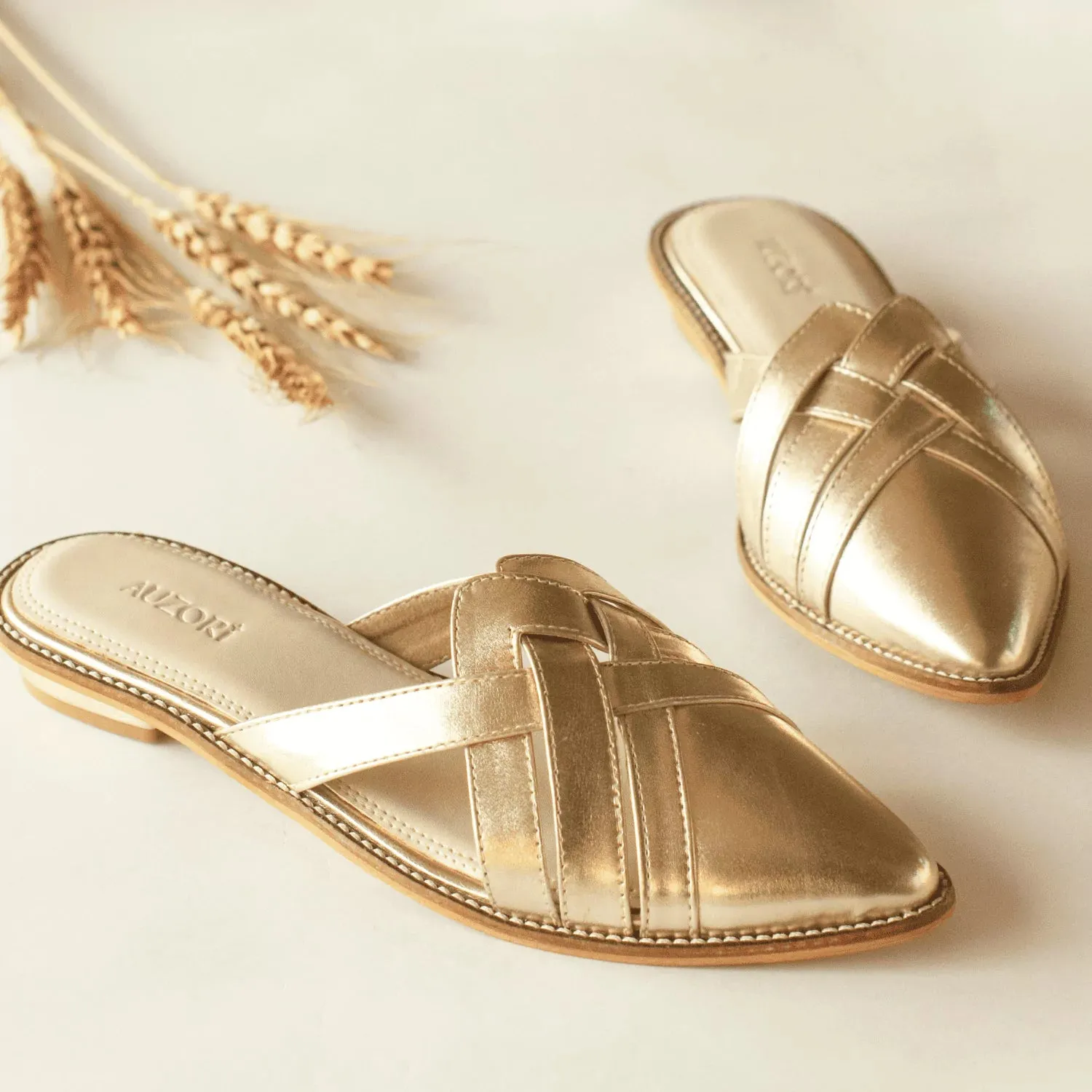 CHIC Gold Pointed Flat Mules