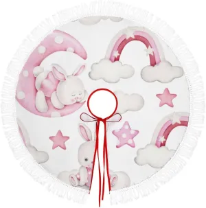 Christmas Tree Skirt Fringed Lace Cute Sleepy Bunny Pink Moon Star Xmas Tree Skirt Christmas Tree Wrap Around Base Cover for New Year Holiday Party Decorations Farmhouse 48Inch