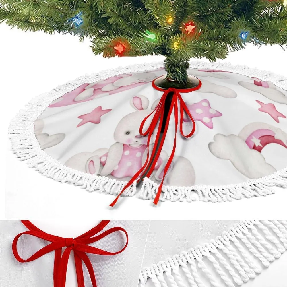 Christmas Tree Skirt Fringed Lace Cute Sleepy Bunny Pink Moon Star Xmas Tree Skirt Christmas Tree Wrap Around Base Cover for New Year Holiday Party Decorations Farmhouse 48Inch