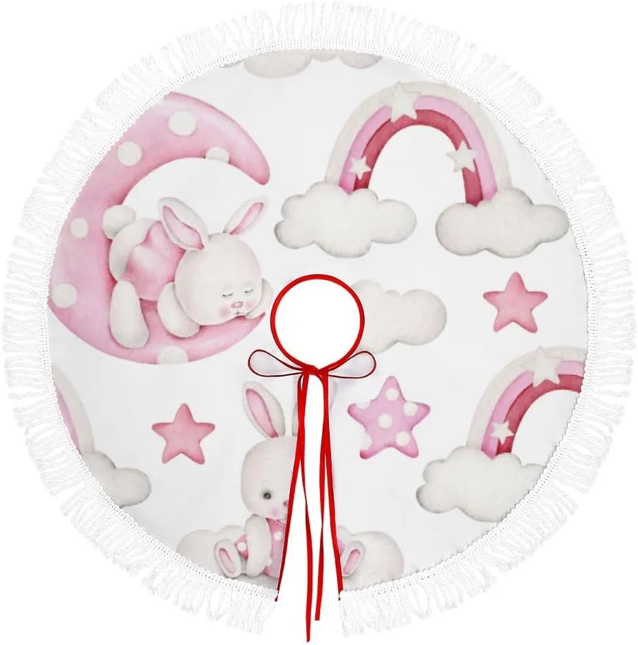 Christmas Tree Skirt Fringed Lace Cute Sleepy Bunny Pink Moon Star Xmas Tree Skirt Christmas Tree Wrap Around Base Cover for New Year Holiday Party Decorations Farmhouse 48Inch
