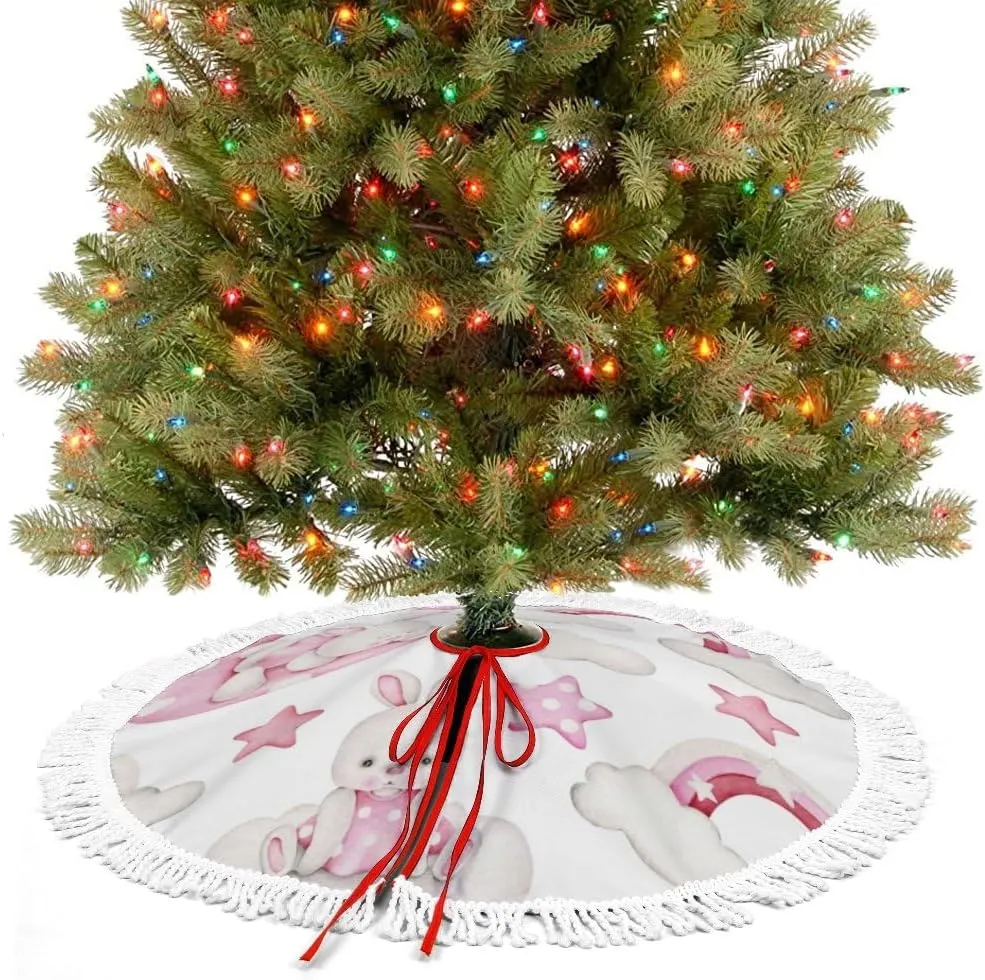 Christmas Tree Skirt Fringed Lace Cute Sleepy Bunny Pink Moon Star Xmas Tree Skirt Christmas Tree Wrap Around Base Cover for New Year Holiday Party Decorations Farmhouse 48Inch