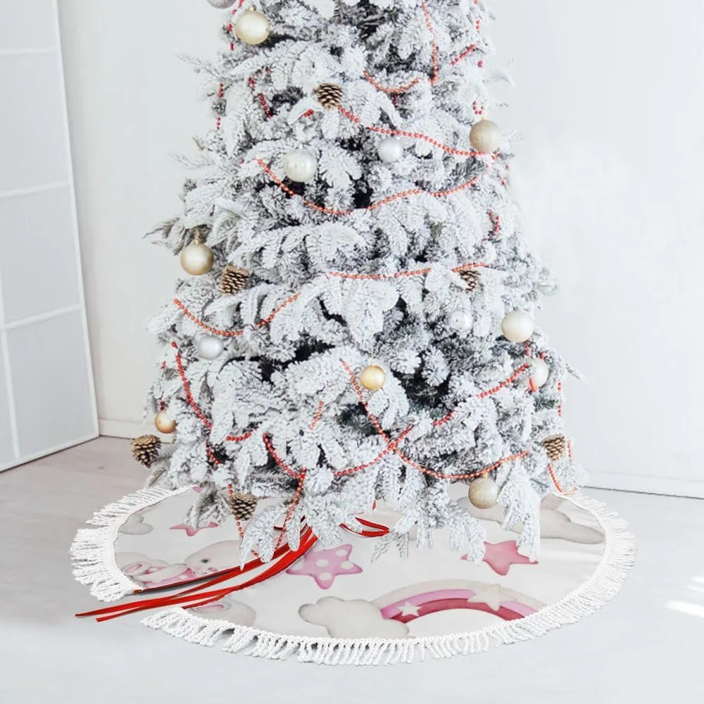Christmas Tree Skirt Fringed Lace Cute Sleepy Bunny Pink Moon Star Xmas Tree Skirt Christmas Tree Wrap Around Base Cover for New Year Holiday Party Decorations Farmhouse 48Inch