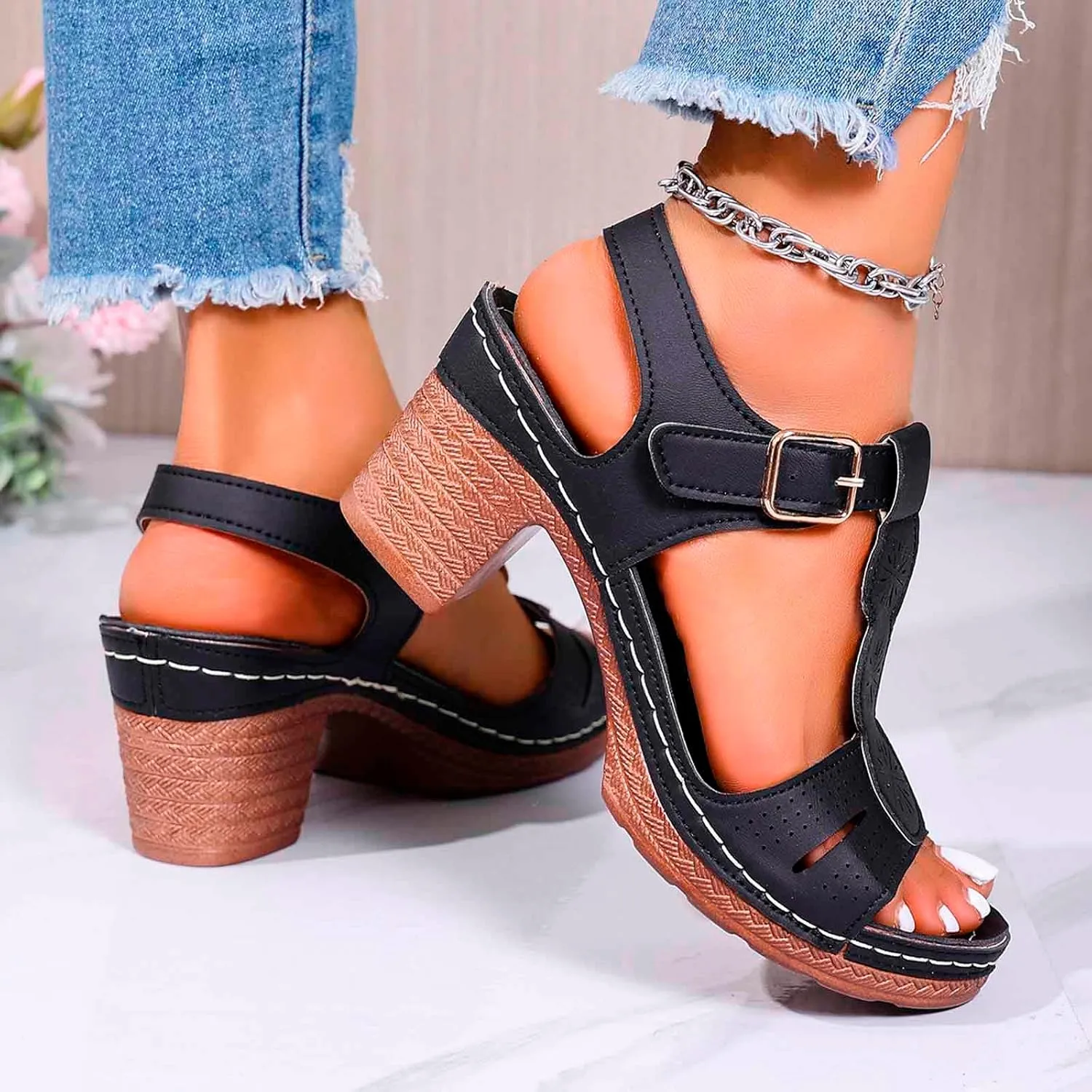 Chunky Heeled Sandals for Women Summer Orthopedic Shoes Leather Platform High Heels Open Toe Sandal Fashion Party Prom Ankle Strap Dress Pump Sandals