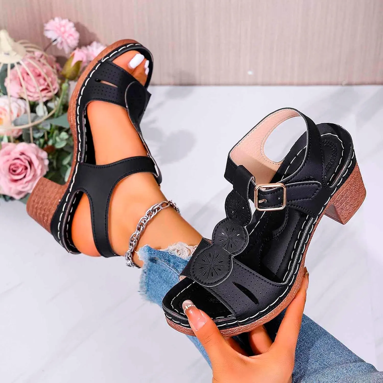 Chunky Heeled Sandals for Women Summer Orthopedic Shoes Leather Platform High Heels Open Toe Sandal Fashion Party Prom Ankle Strap Dress Pump Sandals