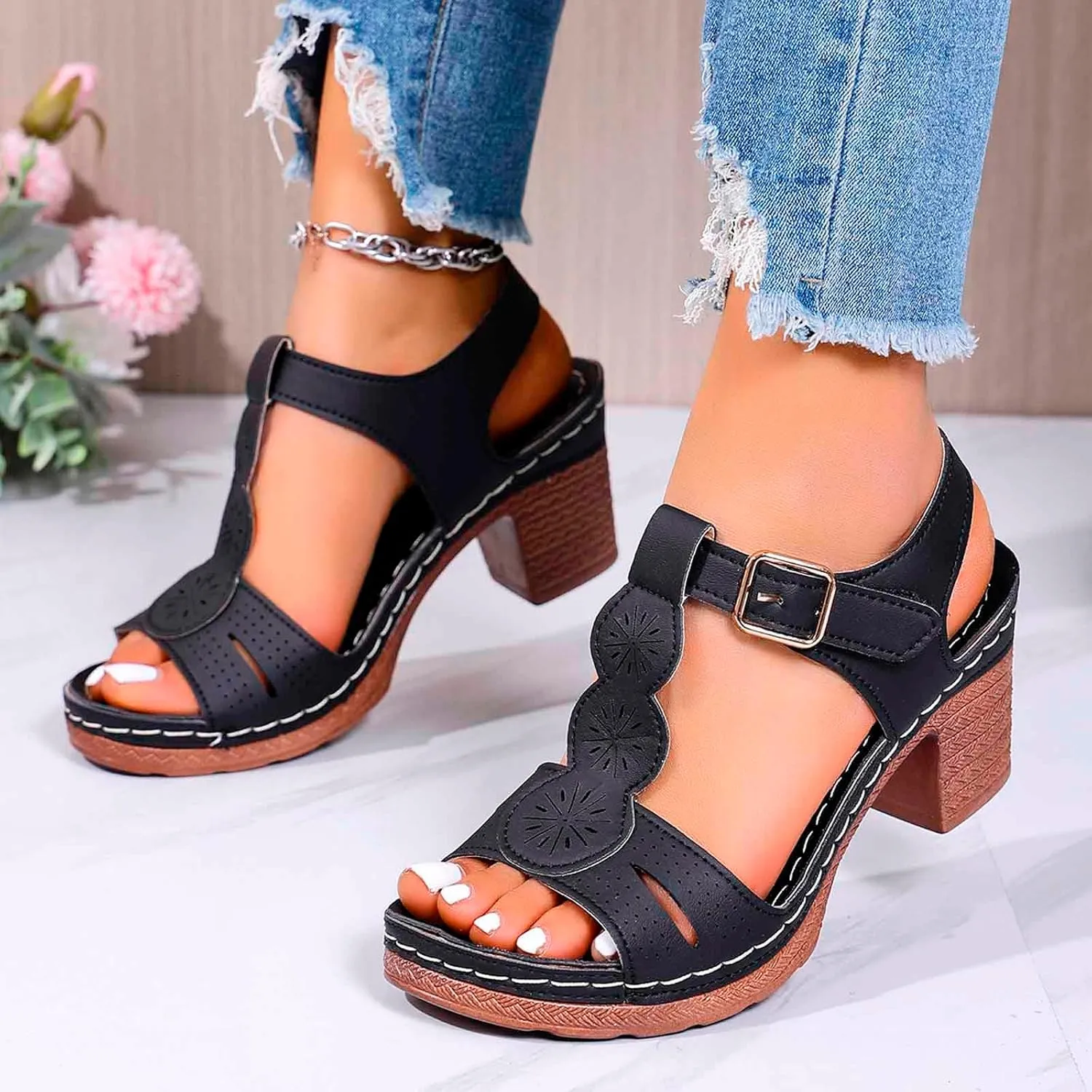 Chunky Heeled Sandals for Women Summer Orthopedic Shoes Leather Platform High Heels Open Toe Sandal Fashion Party Prom Ankle Strap Dress Pump Sandals