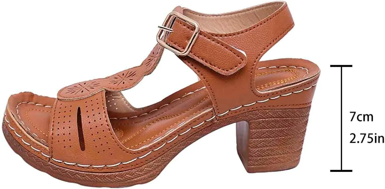 Chunky Heeled Sandals for Women Summer Orthopedic Shoes Leather Platform High Heels Open Toe Sandal Fashion Party Prom Ankle Strap Dress Pump Sandals