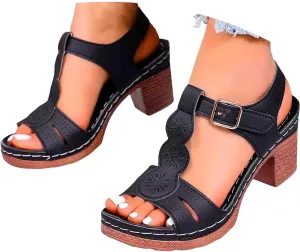 Chunky Heeled Sandals for Women Summer Orthopedic Shoes Leather Platform High Heels Open Toe Sandal Fashion Party Prom Ankle Strap Dress Pump Sandals