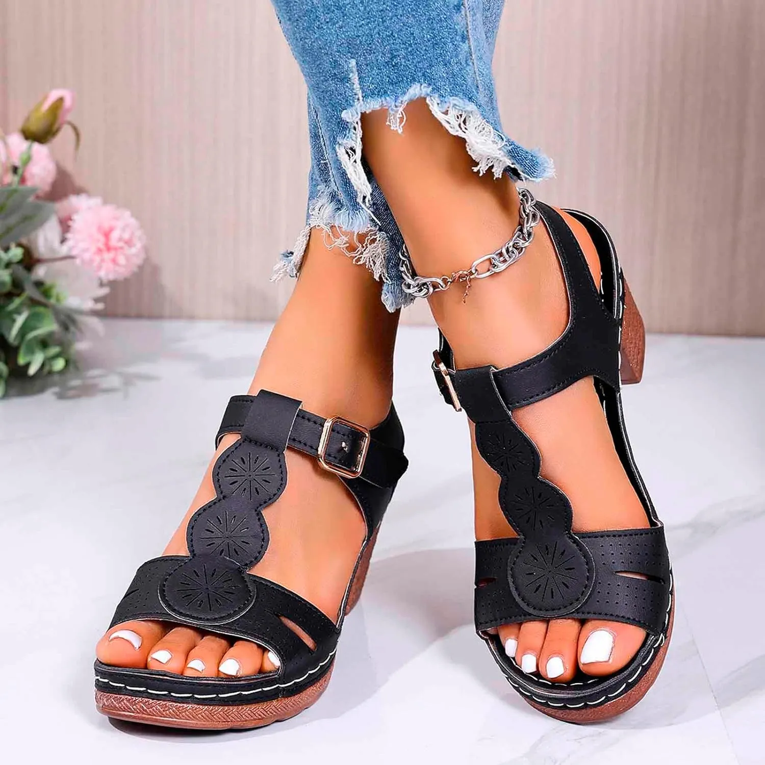 Chunky Heeled Sandals for Women Summer Orthopedic Shoes Leather Platform High Heels Open Toe Sandal Fashion Party Prom Ankle Strap Dress Pump Sandals