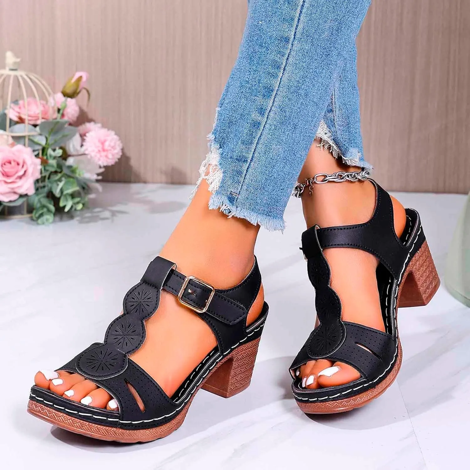 Chunky Heeled Sandals for Women Summer Orthopedic Shoes Leather Platform High Heels Open Toe Sandal Fashion Party Prom Ankle Strap Dress Pump Sandals