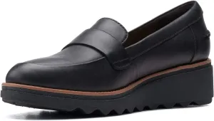Clarks womens Sharon Gracie Penny Loafer, Black Leather With Dark Tan Welt, 8 Wide US