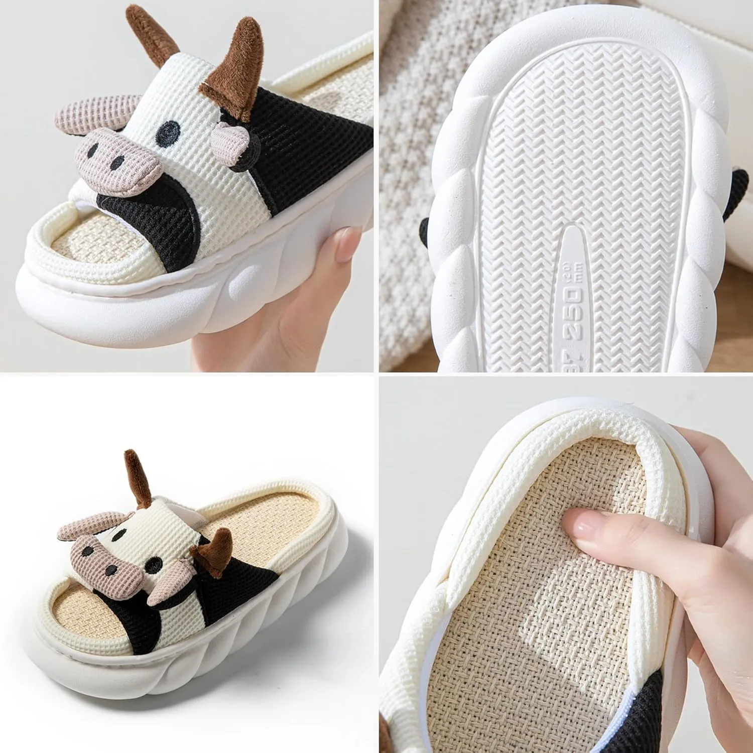 Cow Slippers for Women Men Cute Cartoon Animal Slides Sandals Four Seasons Linen Slippers Adult Mens Cow Home Slippers Comfy House Slippers Outdoor Indoor Shoes Non-Slip Slippers