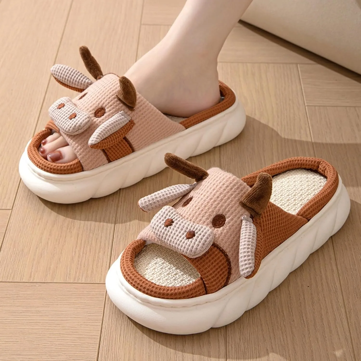 Cow Slippers for Women Men Cute Cartoon Animal Slides Sandals Four Seasons Linen Slippers Adult Mens Cow Home Slippers Comfy House Slippers Outdoor Indoor Shoes Non-Slip Slippers
