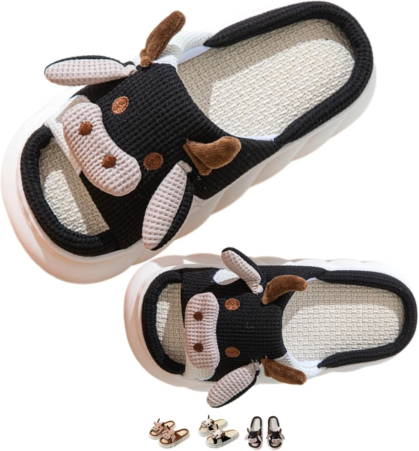 Cow Slippers for Women Men Cute Cartoon Animal Slides Sandals Four Seasons Linen Slippers Adult Mens Cow Home Slippers Comfy House Slippers Outdoor Indoor Shoes Non-Slip Slippers
