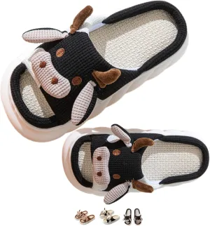 Cow Slippers for Women Men Cute Cartoon Animal Slides Sandals Four Seasons Linen Slippers Adult Mens Cow Home Slippers Comfy House Slippers Outdoor Indoor Shoes Non-Slip Slippers