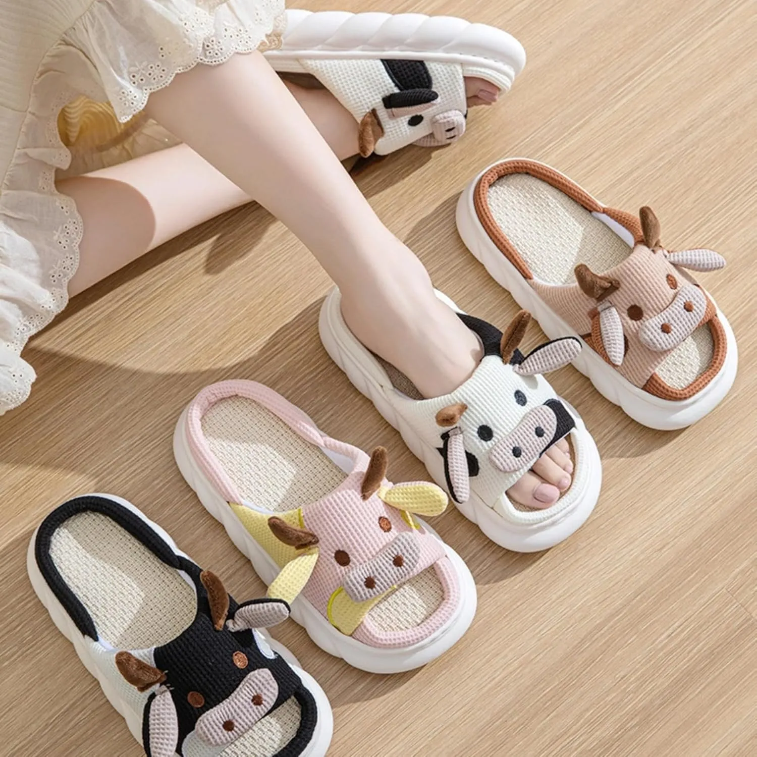 Cow Slippers for Women Men Cute Cartoon Animal Slides Sandals Four Seasons Linen Slippers Adult Mens Cow Home Slippers Comfy House Slippers Outdoor Indoor Shoes Non-Slip Slippers