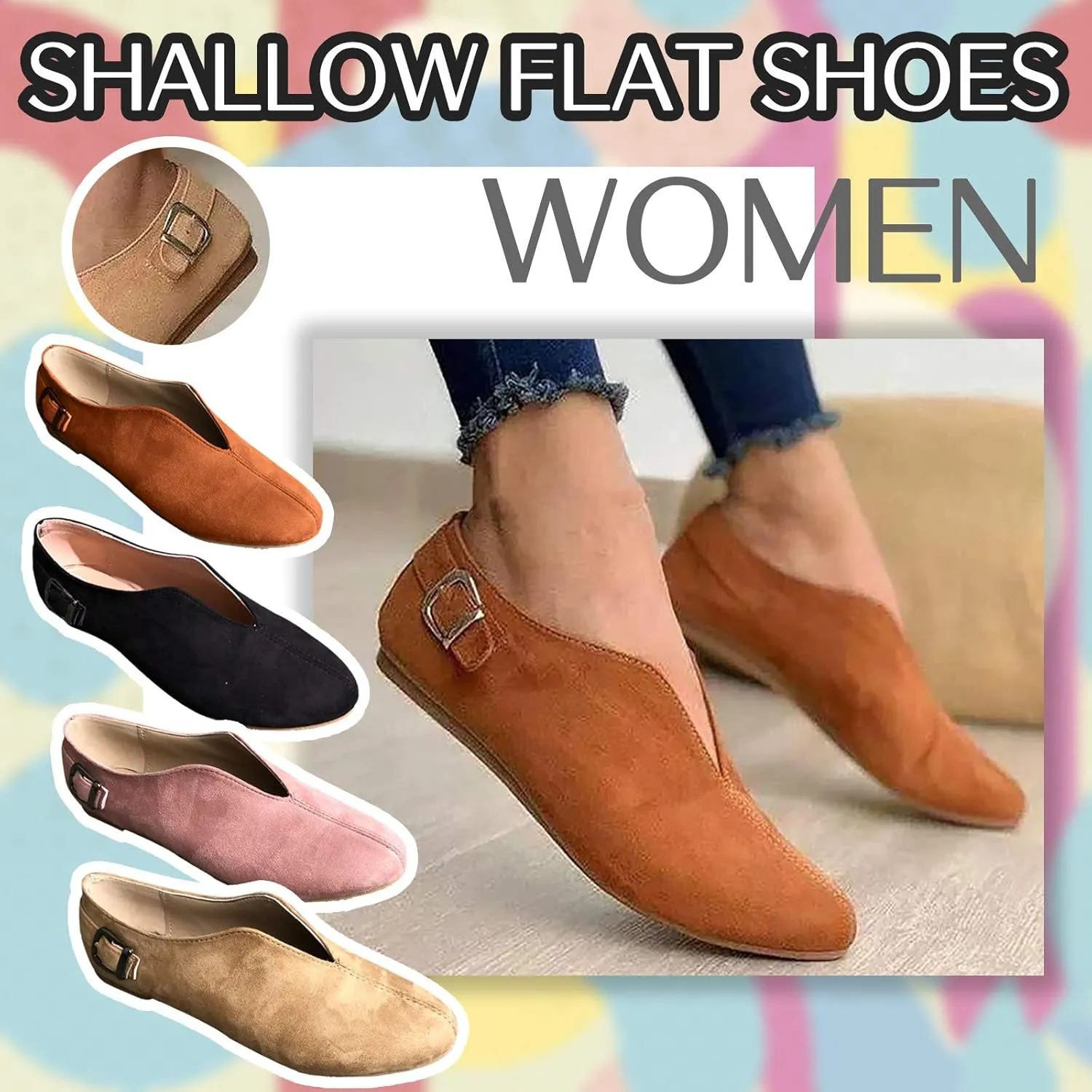 Crzidha Walking Shoes for Women Slip On Buckle Casual V Cut Pointed Toe Loafers Lightweight Comfort Soft Flat Dress Shoes Ballet Flats Fashion Non-Slip Cute Work Office Business Sneakers Shoes
