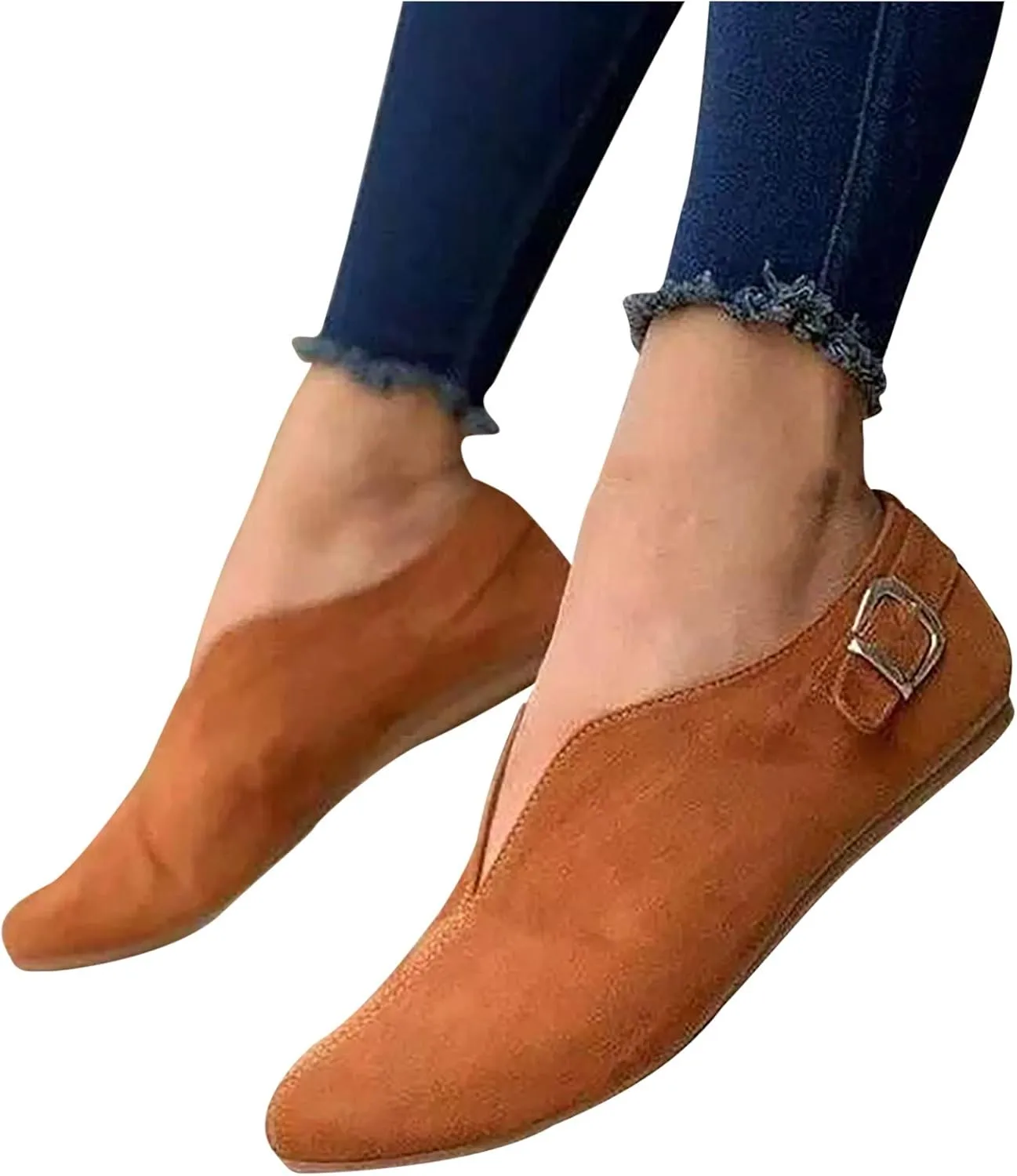 Crzidha Walking Shoes for Women Slip On Buckle Casual V Cut Pointed Toe Loafers Lightweight Comfort Soft Flat Dress Shoes Ballet Flats Fashion Non-Slip Cute Work Office Business Sneakers Shoes