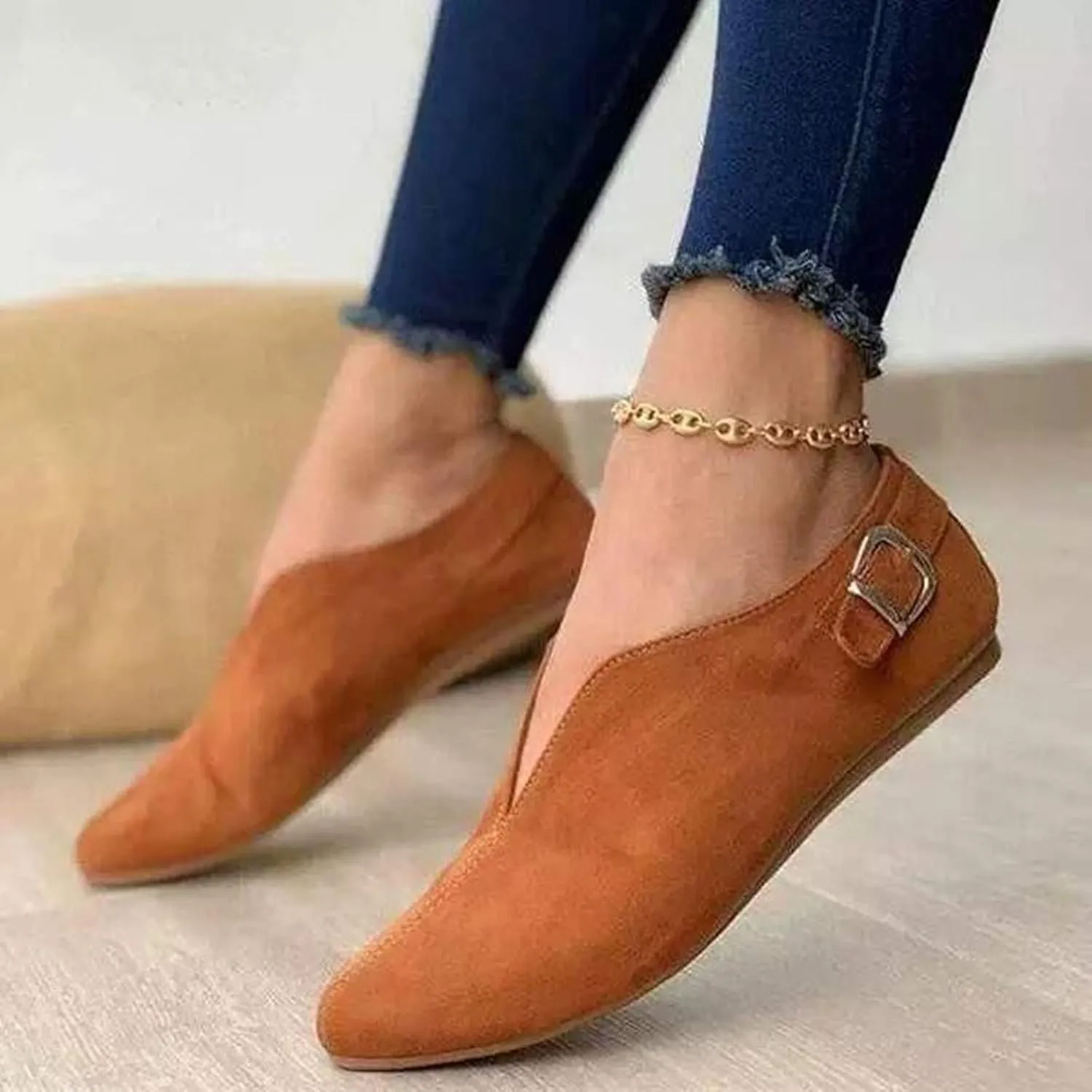 Crzidha Walking Shoes for Women Slip On Buckle Casual V Cut Pointed Toe Loafers Lightweight Comfort Soft Flat Dress Shoes Ballet Flats Fashion Non-Slip Cute Work Office Business Sneakers Shoes