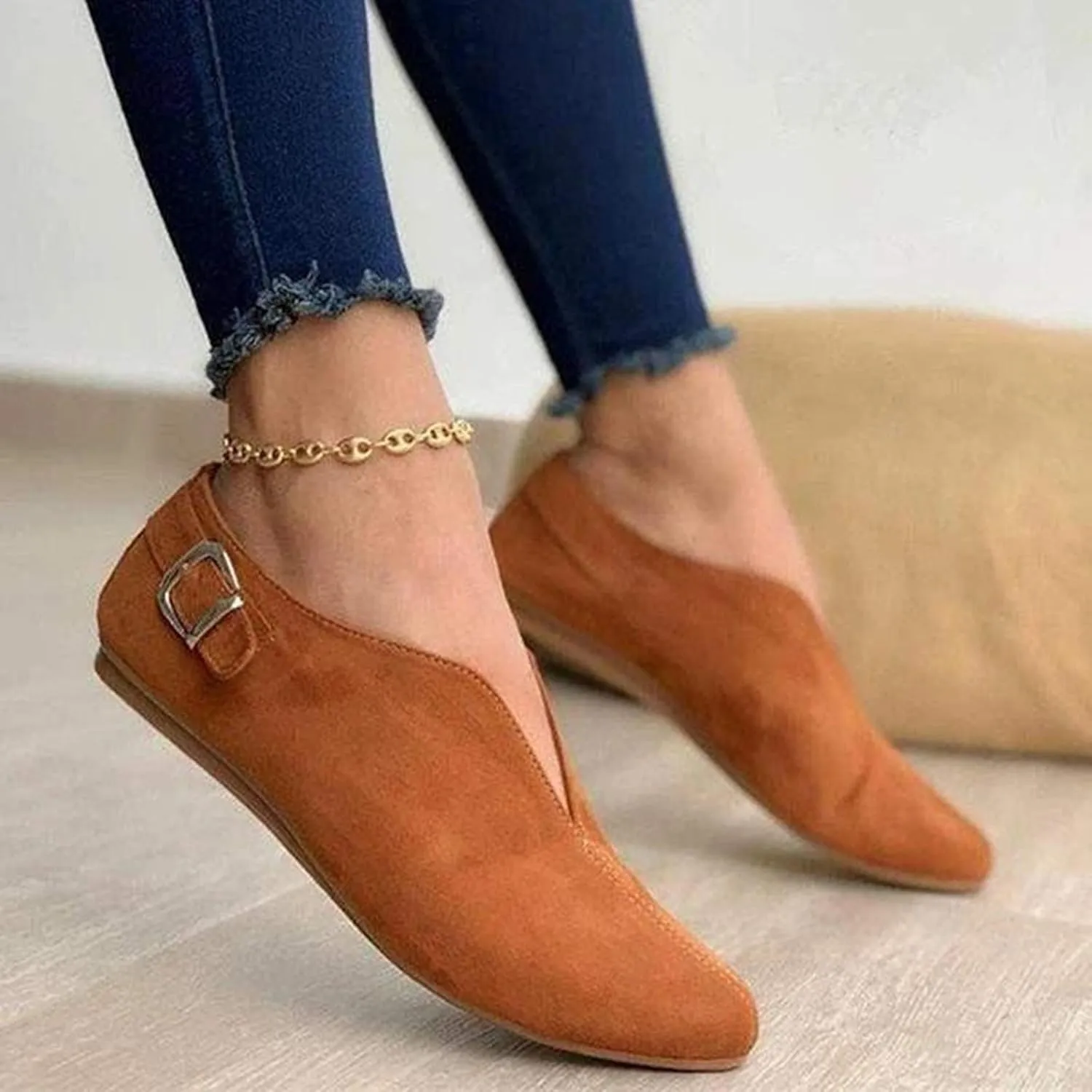 Crzidha Walking Shoes for Women Slip On Buckle Casual V Cut Pointed Toe Loafers Lightweight Comfort Soft Flat Dress Shoes Ballet Flats Fashion Non-Slip Cute Work Office Business Sneakers Shoes