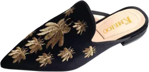 Divanne Loafers for Women, Womens Embroidery Mule Shoes Velvet Backless Slip On Loafers Pointed Toe Flat Mule Slides-Black-B-11M US