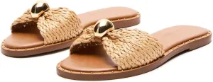 Dsevht Flat Slide Sandal for Women Slip on Leather Beach Comfort Open Square Toe Ladies Slipper Dressy Metal Hardware Decoration Summer Shoes Casual Fashion