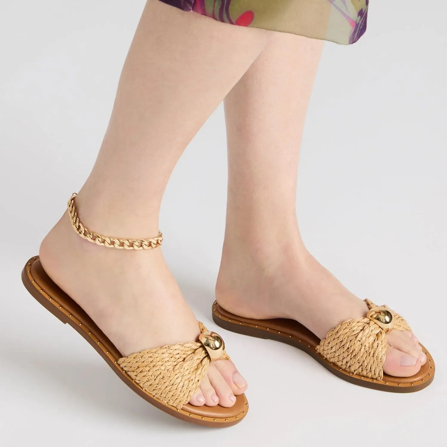 Dsevht Flat Slide Sandal for Women Slip on Leather Beach Comfort Open Square Toe Ladies Slipper Dressy Metal Hardware Decoration Summer Shoes Casual Fashion