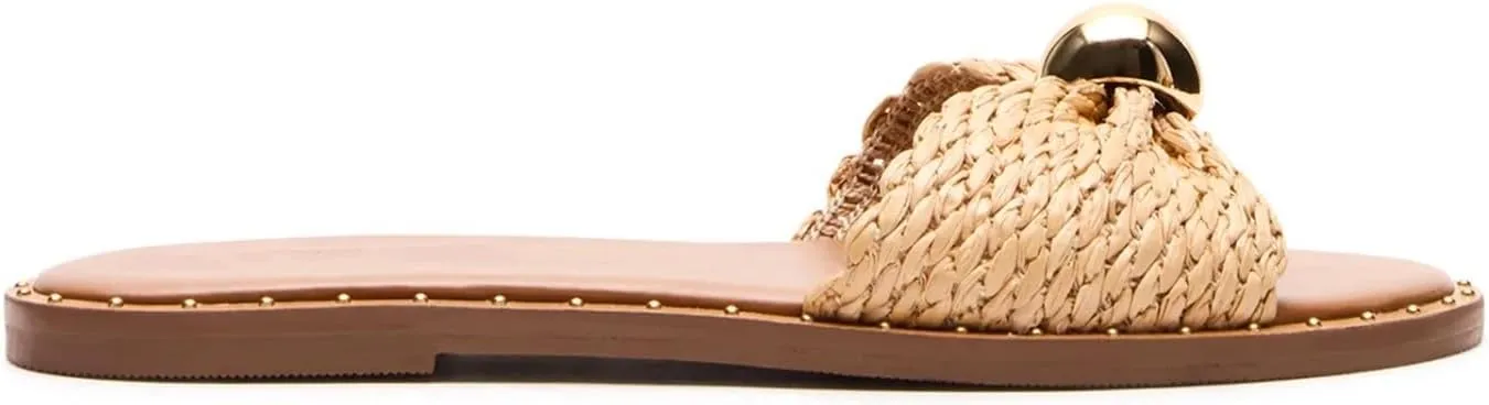 Dsevht Flat Slide Sandal for Women Slip on Leather Beach Comfort Open Square Toe Ladies Slipper Dressy Metal Hardware Decoration Summer Shoes Casual Fashion