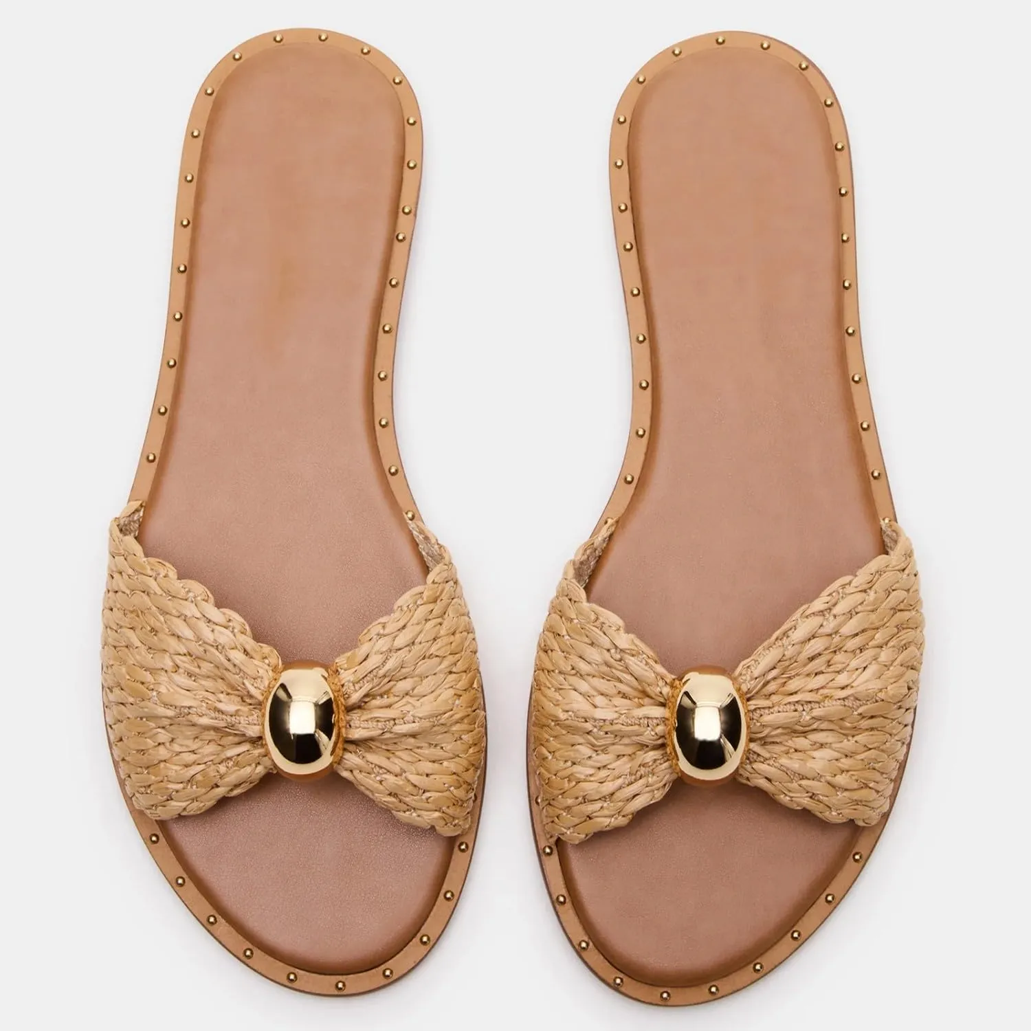 Dsevht Flat Slide Sandal for Women Slip on Leather Beach Comfort Open Square Toe Ladies Slipper Dressy Metal Hardware Decoration Summer Shoes Casual Fashion