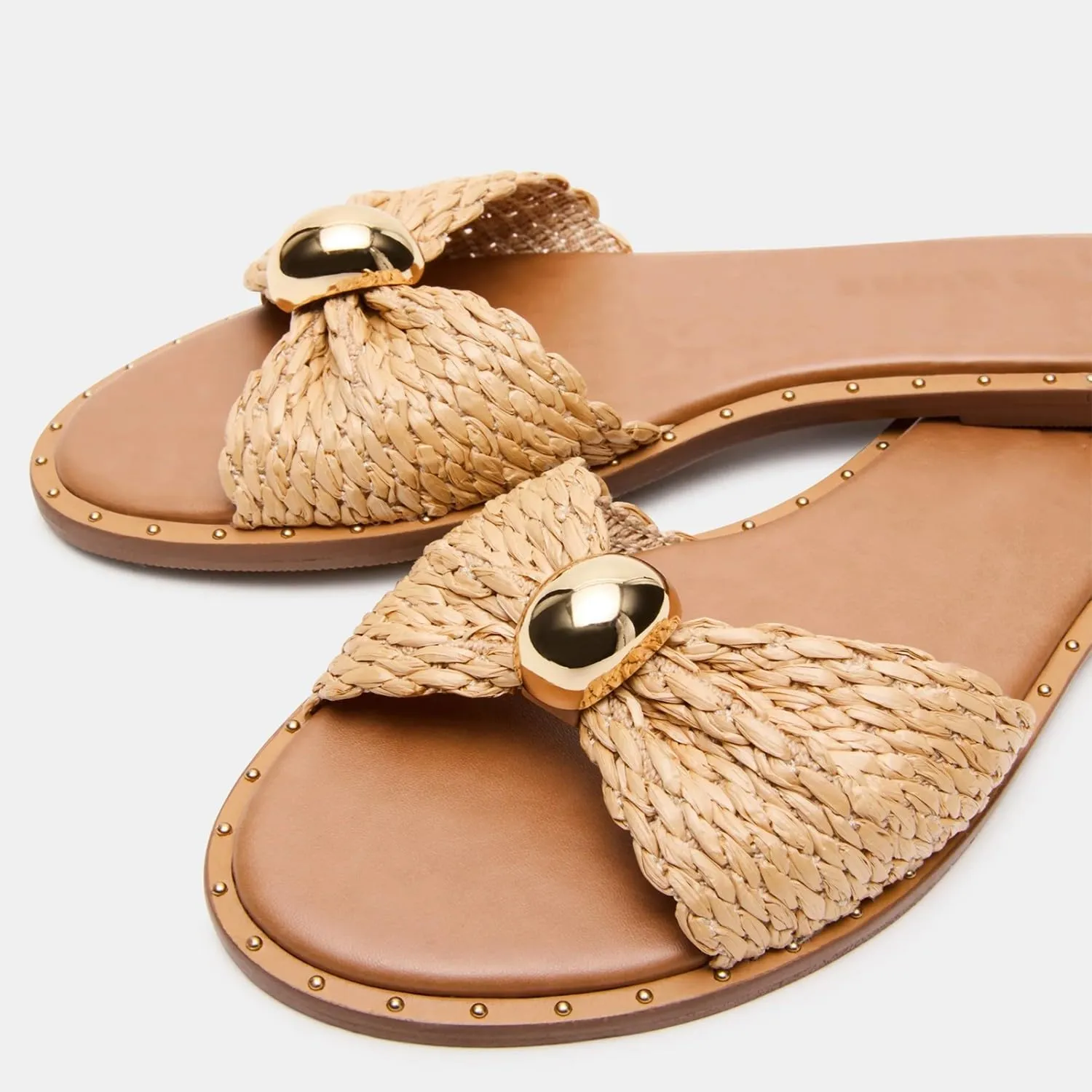 Dsevht Flat Slide Sandal for Women Slip on Leather Beach Comfort Open Square Toe Ladies Slipper Dressy Metal Hardware Decoration Summer Shoes Casual Fashion