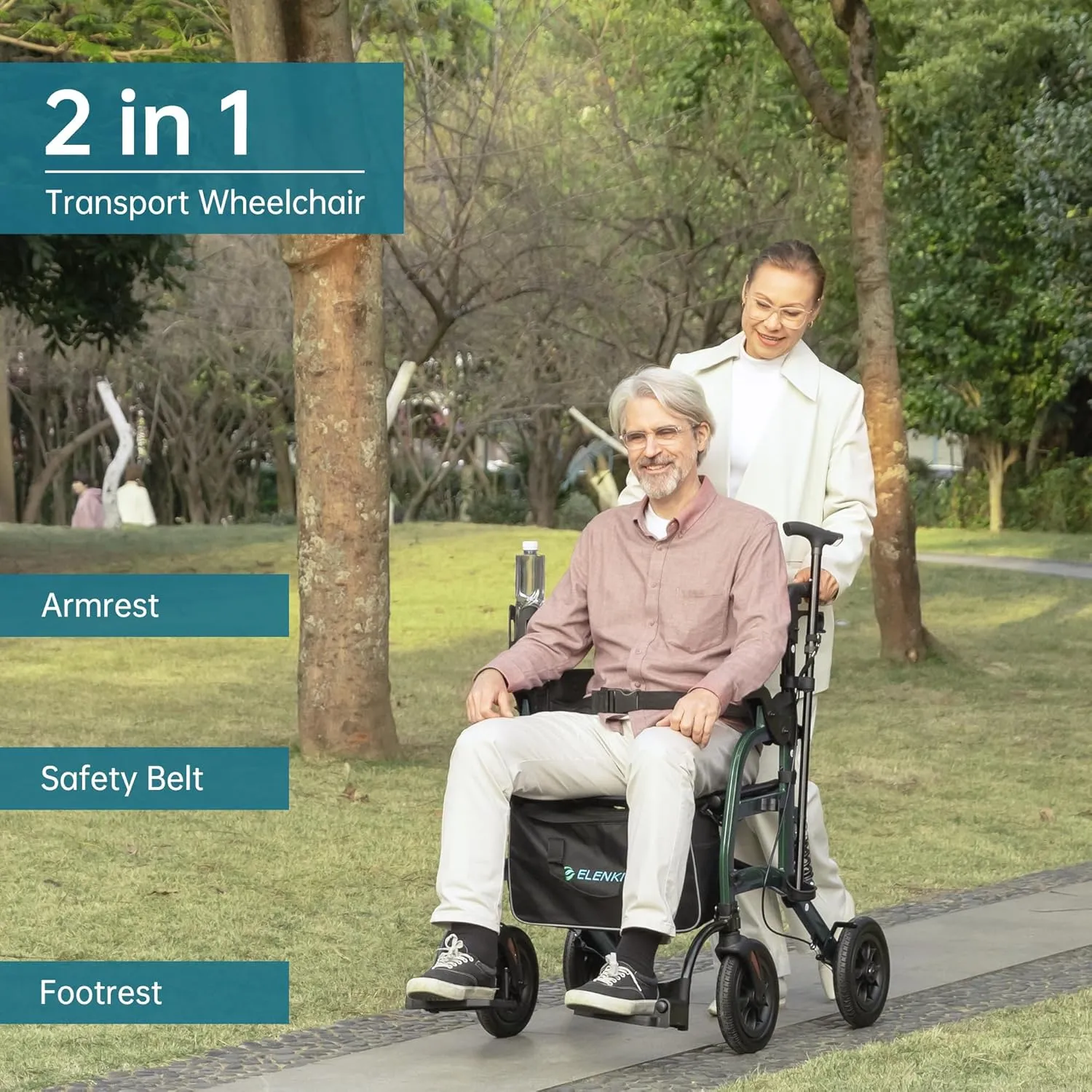 ELENKER Rollator Walker Transport Wheelchair Combo with Shock Absorber, 2 in 1 Rolling Walker with Seat, All Terrain Wheels for Seniors, Green