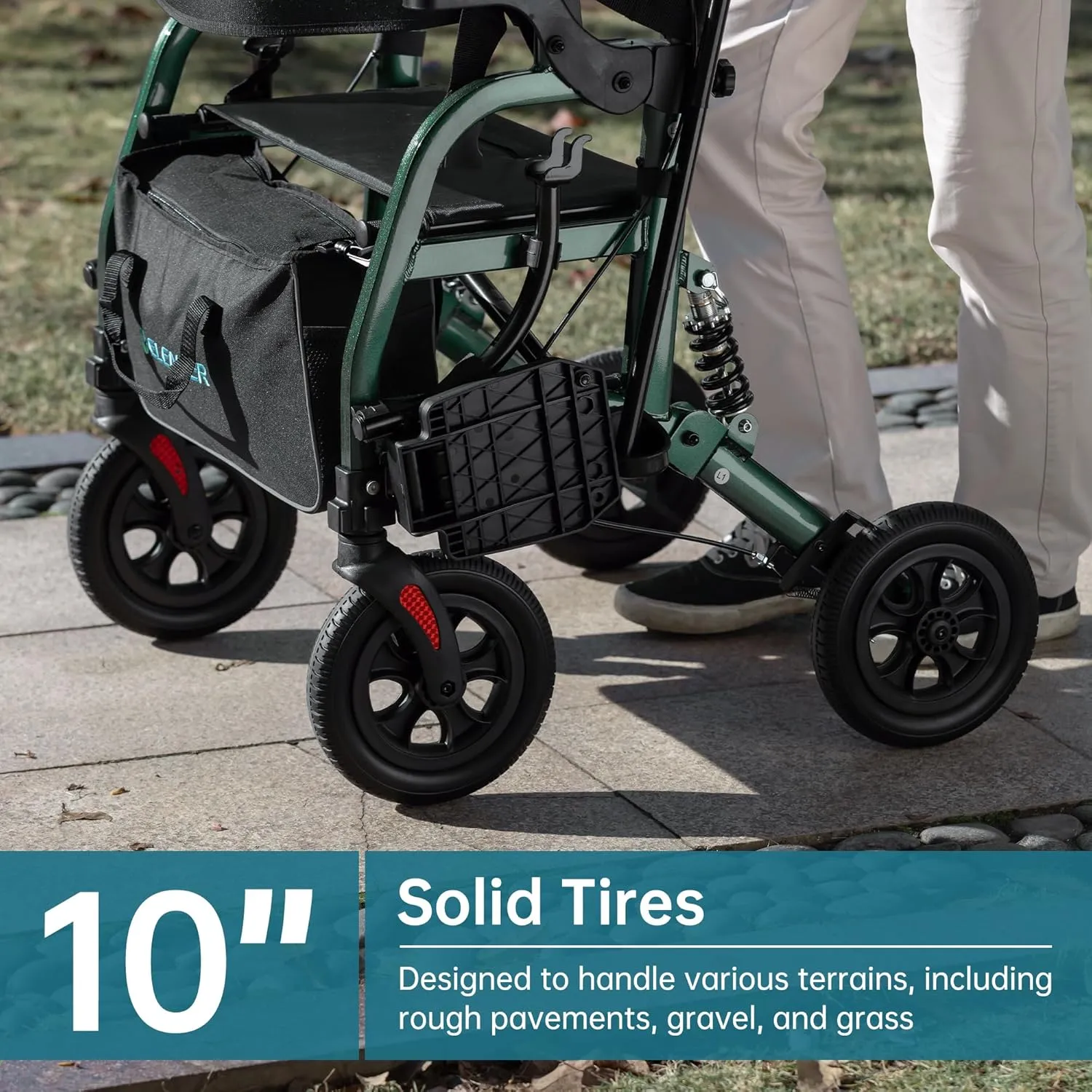 ELENKER Rollator Walker Transport Wheelchair Combo with Shock Absorber, 2 in 1 Rolling Walker with Seat, All Terrain Wheels for Seniors, Green