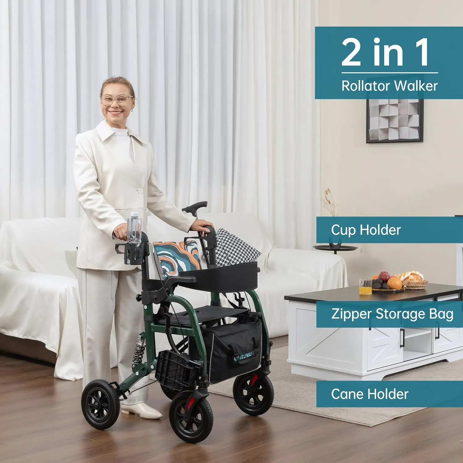 ELENKER Rollator Walker Transport Wheelchair Combo with Shock Absorber, 2 in 1 Rolling Walker with Seat, All Terrain Wheels for Seniors, Green