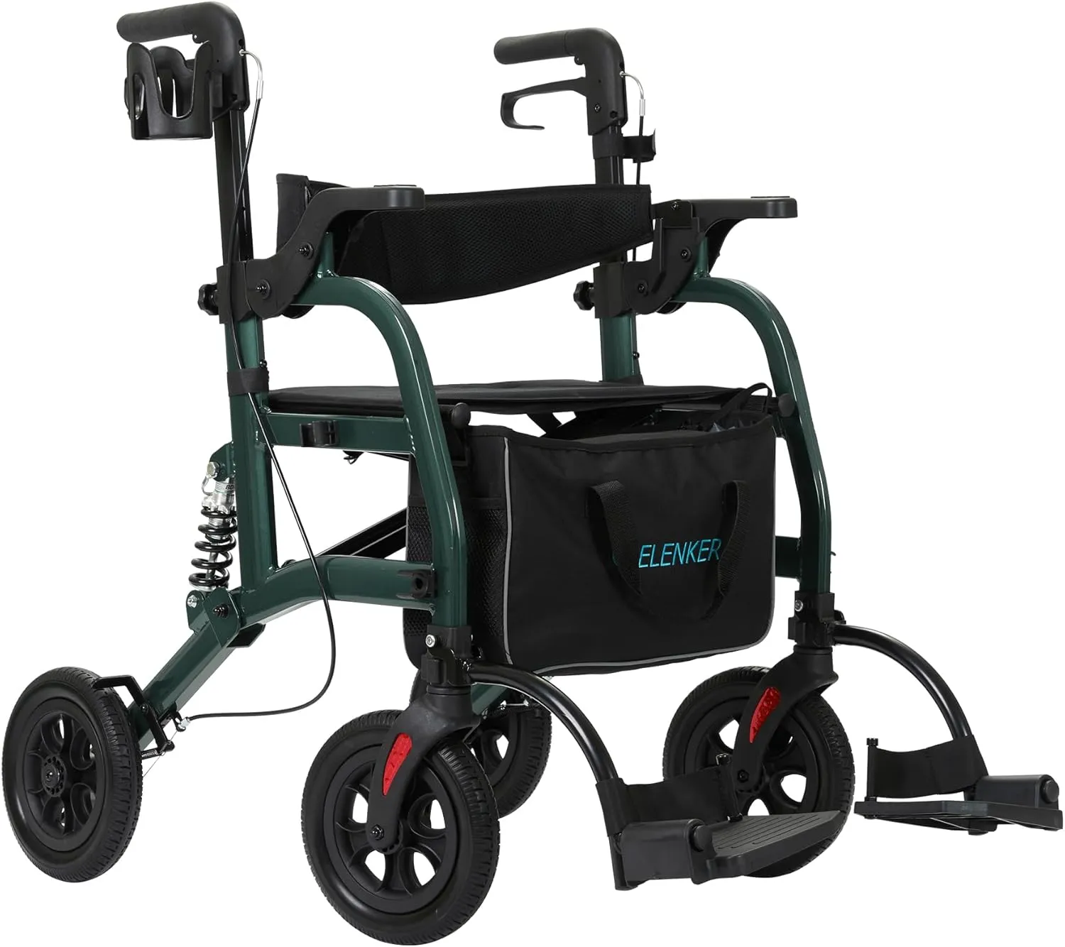 ELENKER Rollator Walker Transport Wheelchair Combo with Shock Absorber, 2 in 1 Rolling Walker with Seat, All Terrain Wheels for Seniors, Green