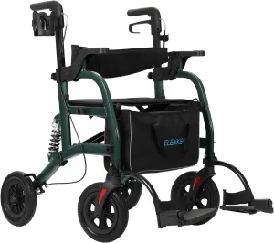 ELENKER Rollator Walker Transport Wheelchair Combo with Shock Absorber, 2 in 1 Rolling Walker with Seat, All Terrain Wheels for Seniors, Green