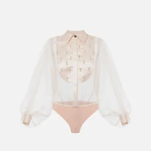 ELISABETTA FRANCHI faux-pearl detail organza bodysuit