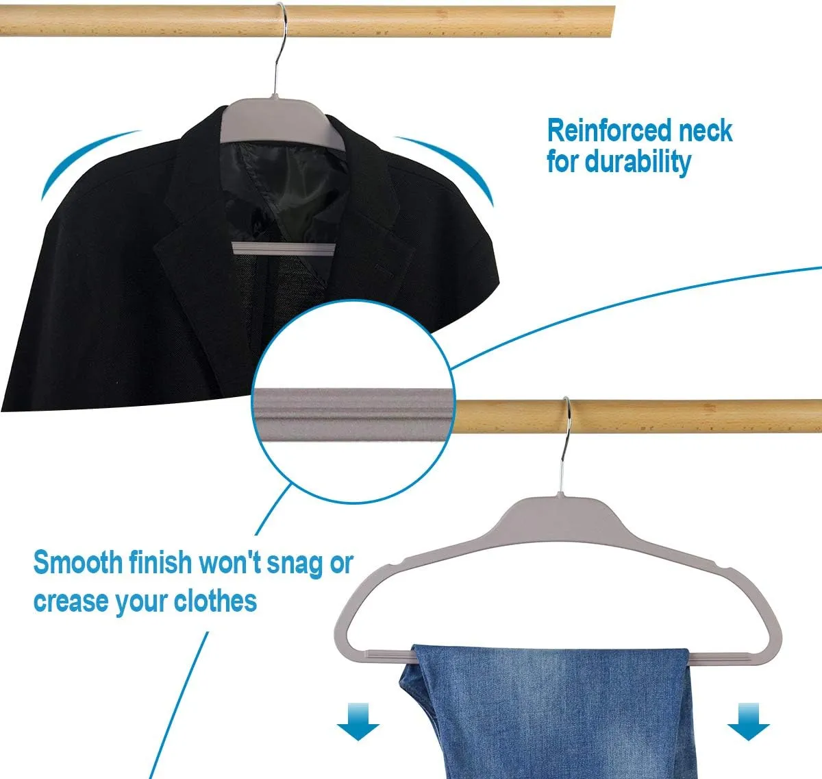 ELONG HOME Plastic Hangers for Clothes, Upgraded Rubber Non Slip Clothes Hangers, Non Velvet Durable Clothing Hangers, 15.7 Inches for Adults Clothes, Gray, 20 Pack